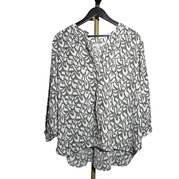 Jachs Blouse V-Neck 3/4 Sleeve Boho Button Down Green Flowy Feminine Sz L EUC - Picture 2 of 10